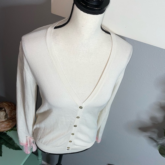 Tiki Tirawa size 1 M L Bone Pink Frayed Trim Cardigan Button Sweater 🏷 - Picture 8 of 15
